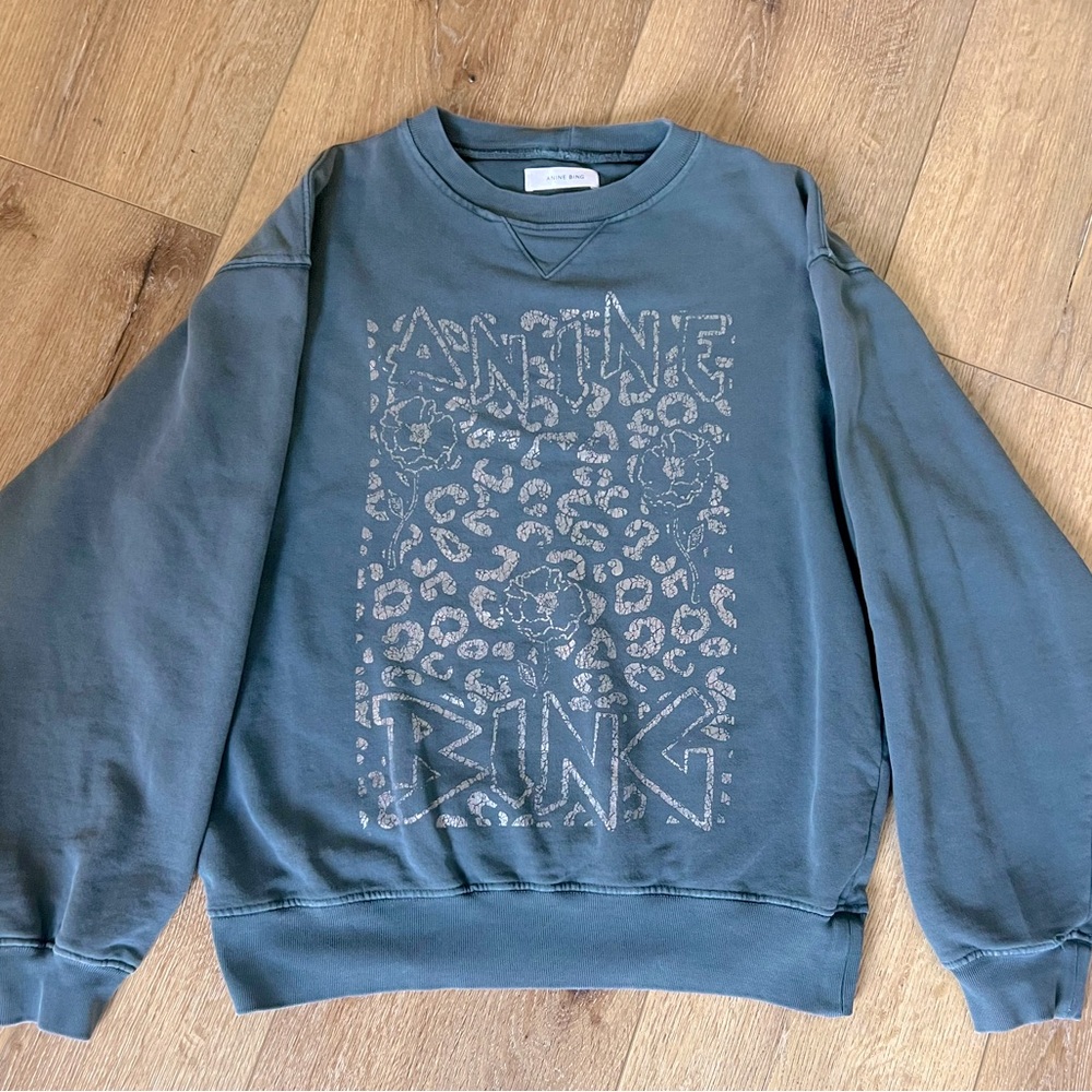 Anine Bing Slate Blue Graphic Leopard-Print Sweatshirt
